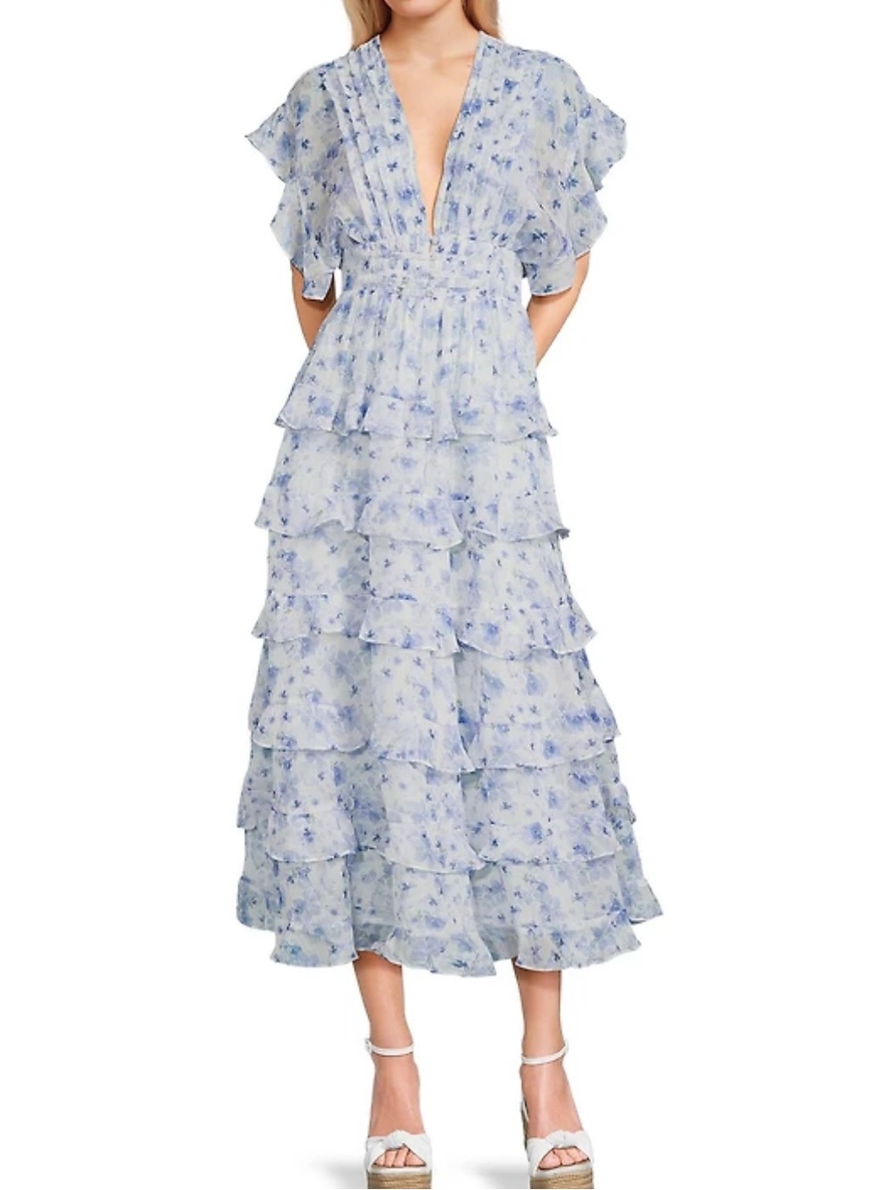 Storia Pale Blue Floral Tiered Midi Skirt
